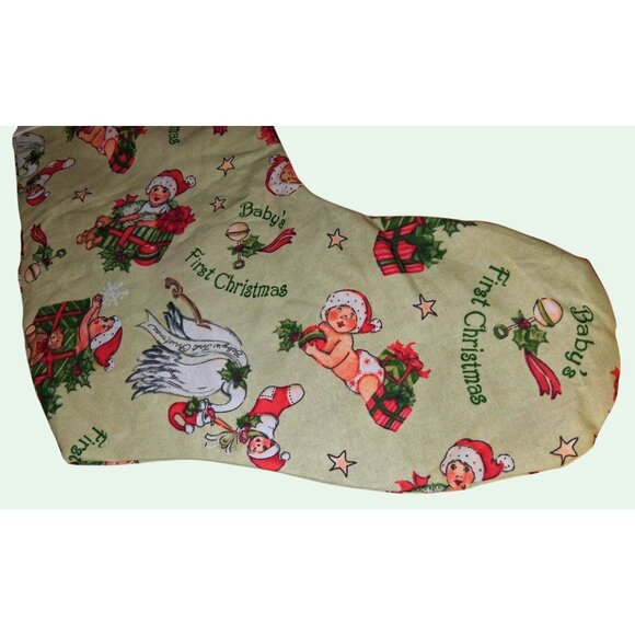 Babys First Christmas Stocking With Vintage-Inspired Print White Tree Cuff - Picture 2 of 7